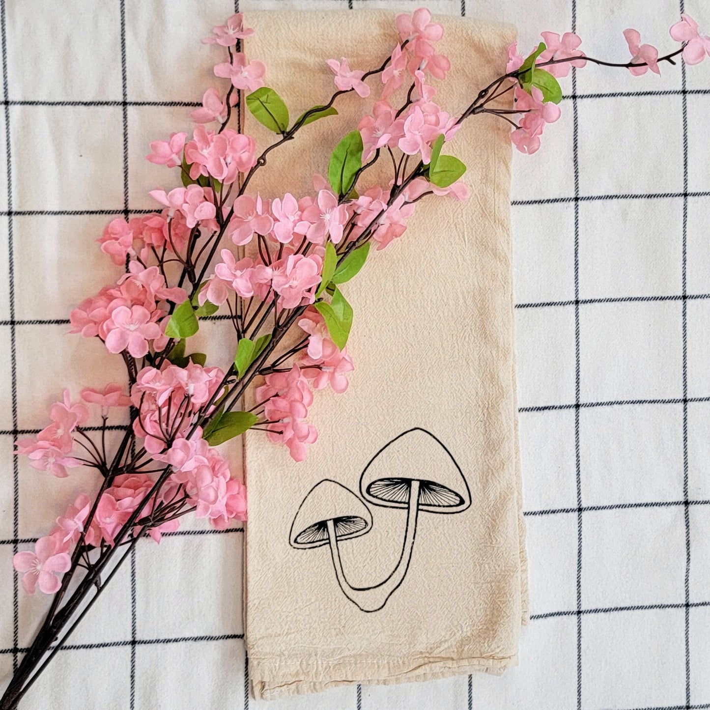 Mushroom Pair Screen Printed Tea Towel - Square Folded Shot