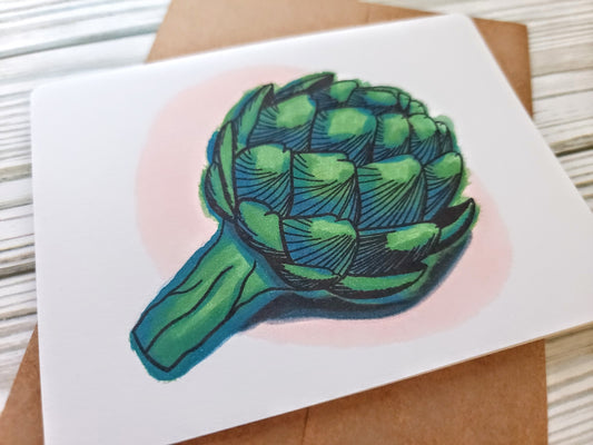 Artichoke Handmade Greeting Card - Recycled Paper and Kraft Envelope - Angled Overhead Shot