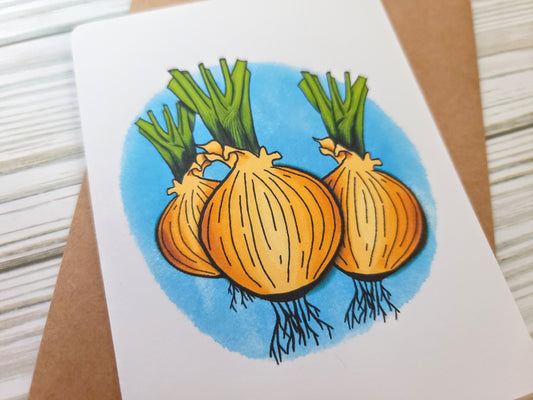 Onion Handmade Greeting Card - Recycled Paper and Kraft Envelope - Angled Overhead Shot