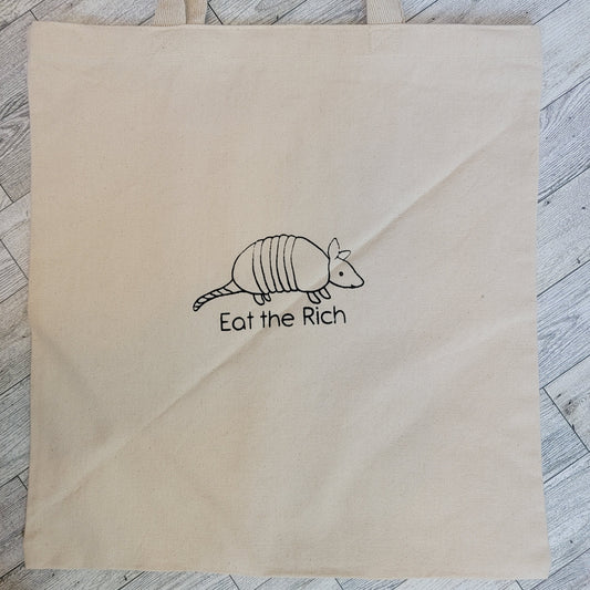 Eat the Rich Armadillo Screen Printed Canvas Tote Bag - Overhead Shot