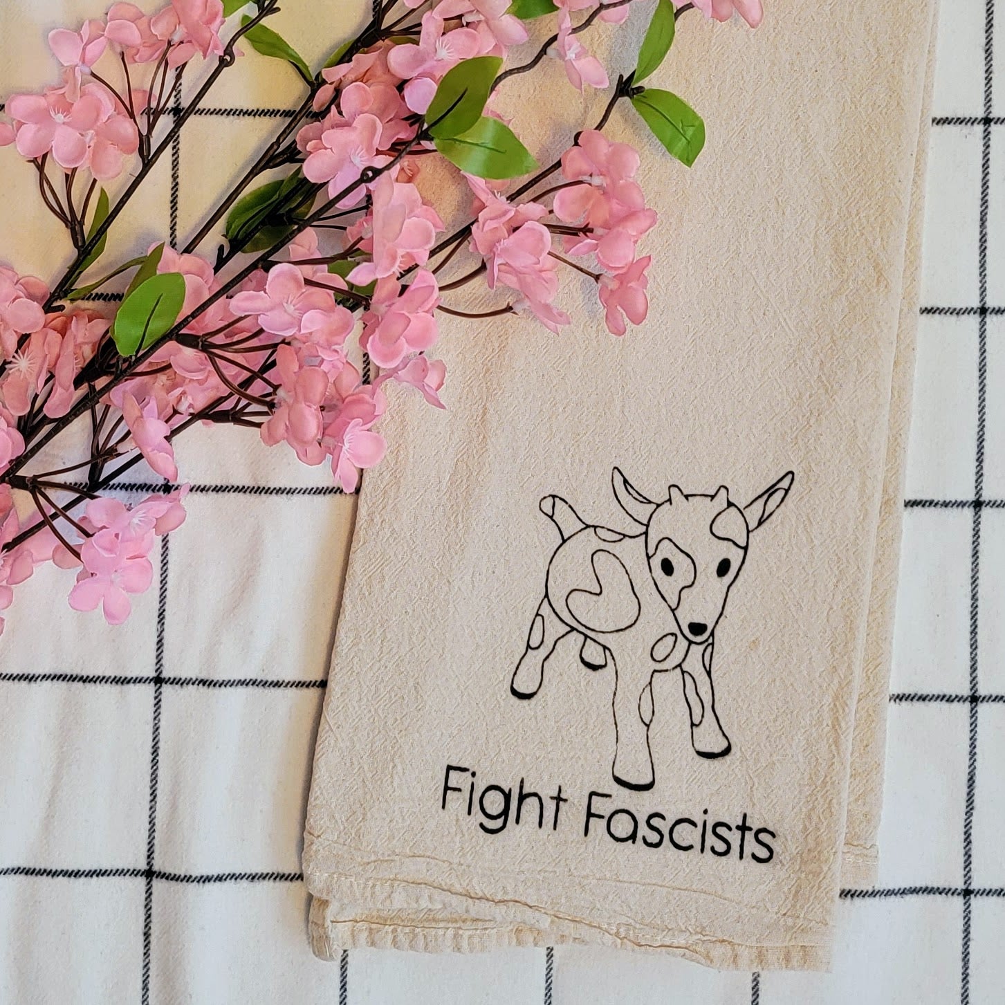 Fight Fascists Goat Screen Printed Tea Towel - Square Close Up Shot