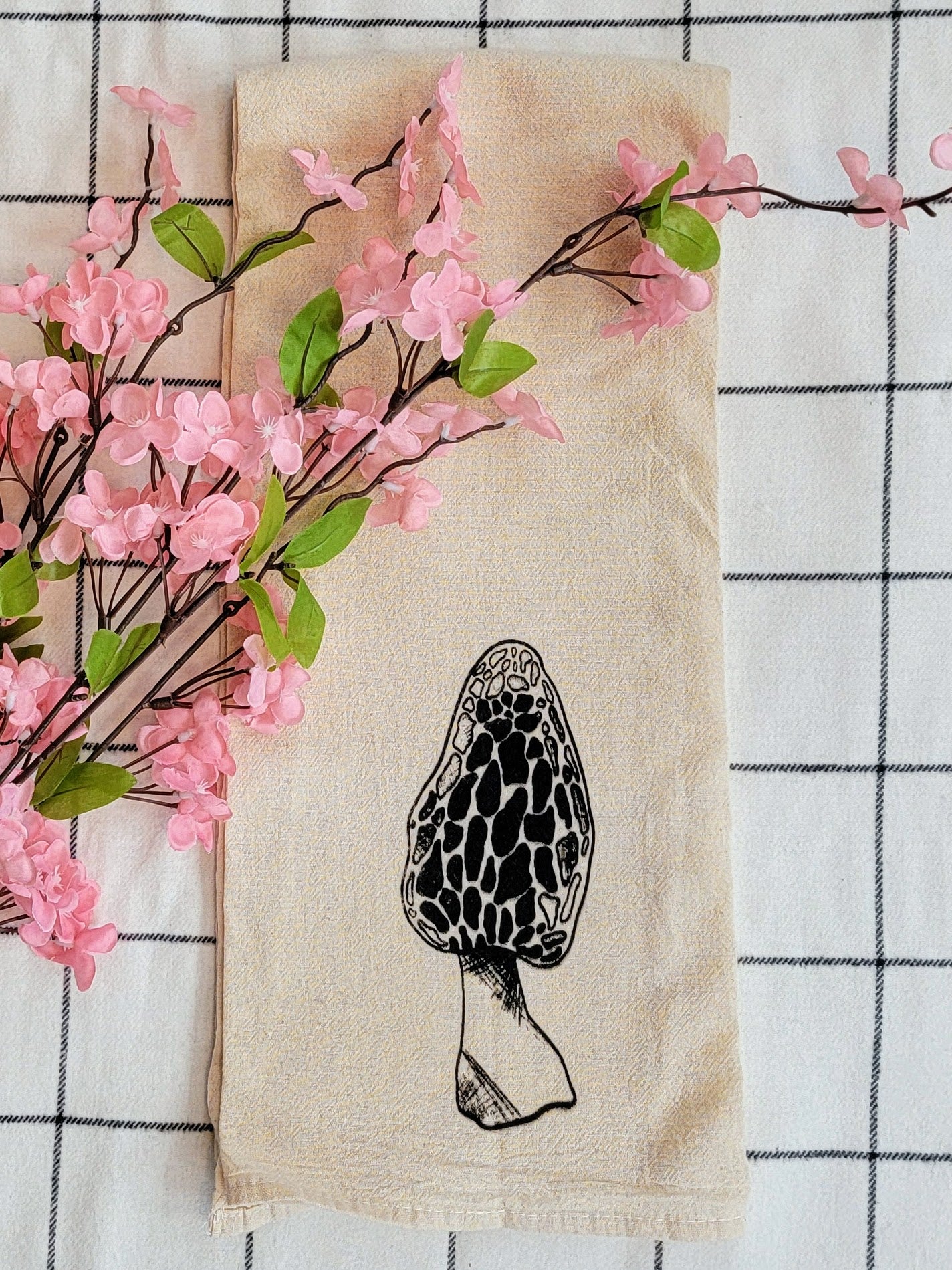 Morel Mushroom Screen Printed Tea Towel - Folded  Shot