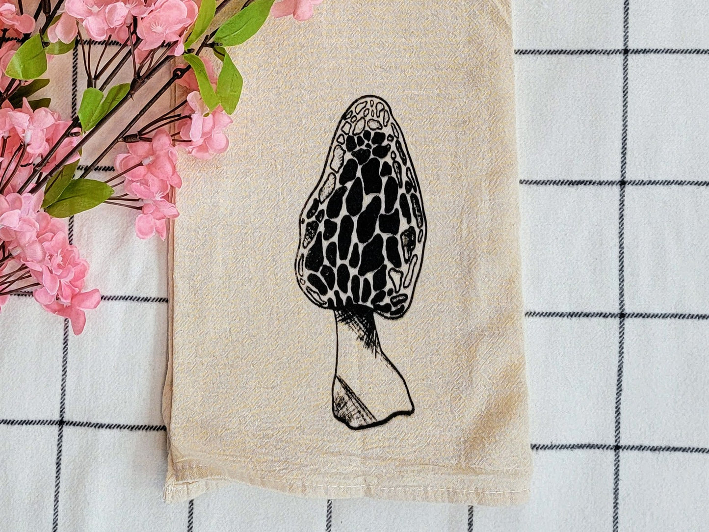 Morel Mushroom Screen Printed Tea Towel - Landscape Close Up Shot