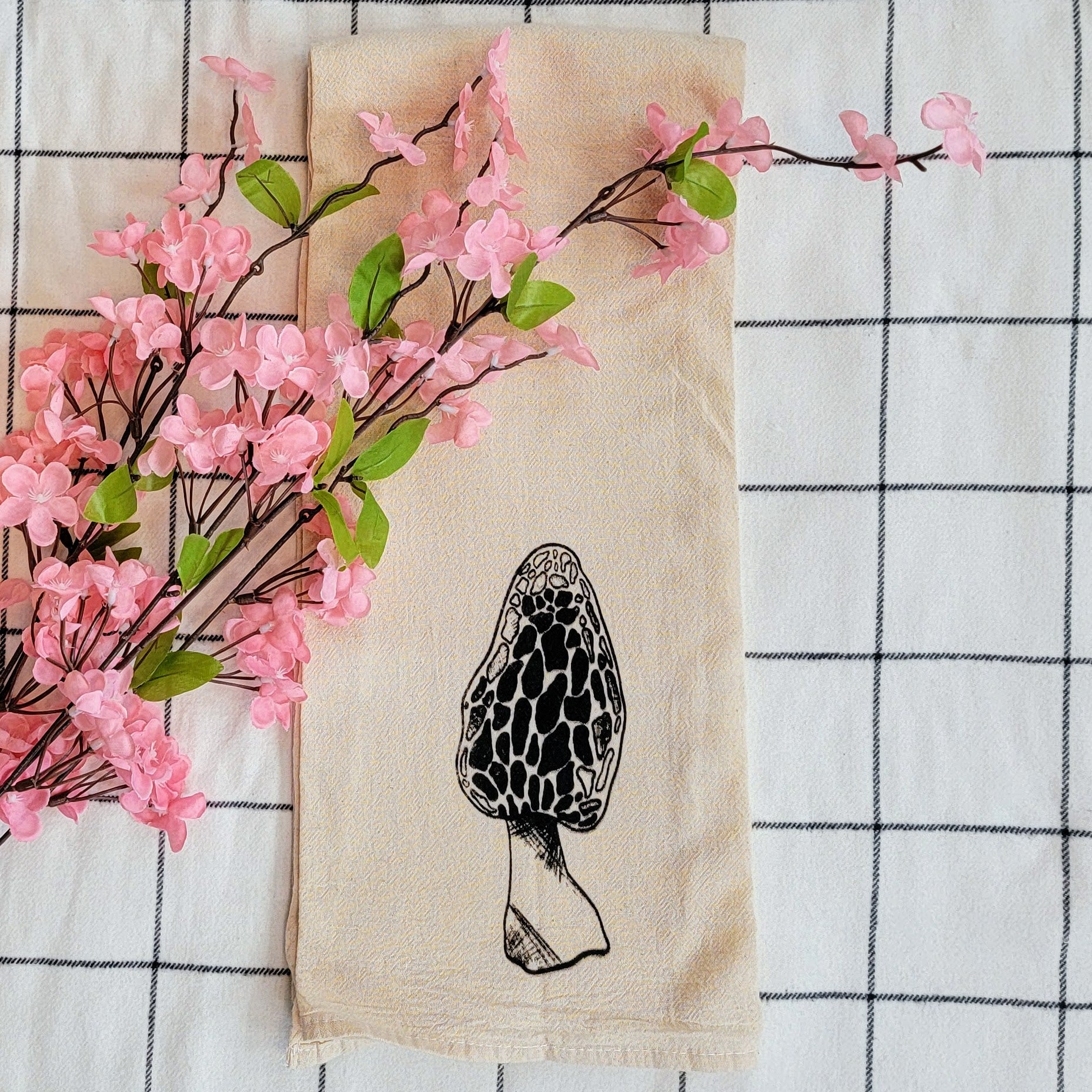 Morel Mushroom Screen Printed Tea Towel - Square Folded Shot