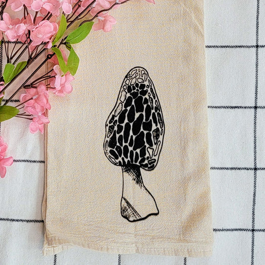 Morel Mushroom Screen Printed Tea Towel - Close Up Shot