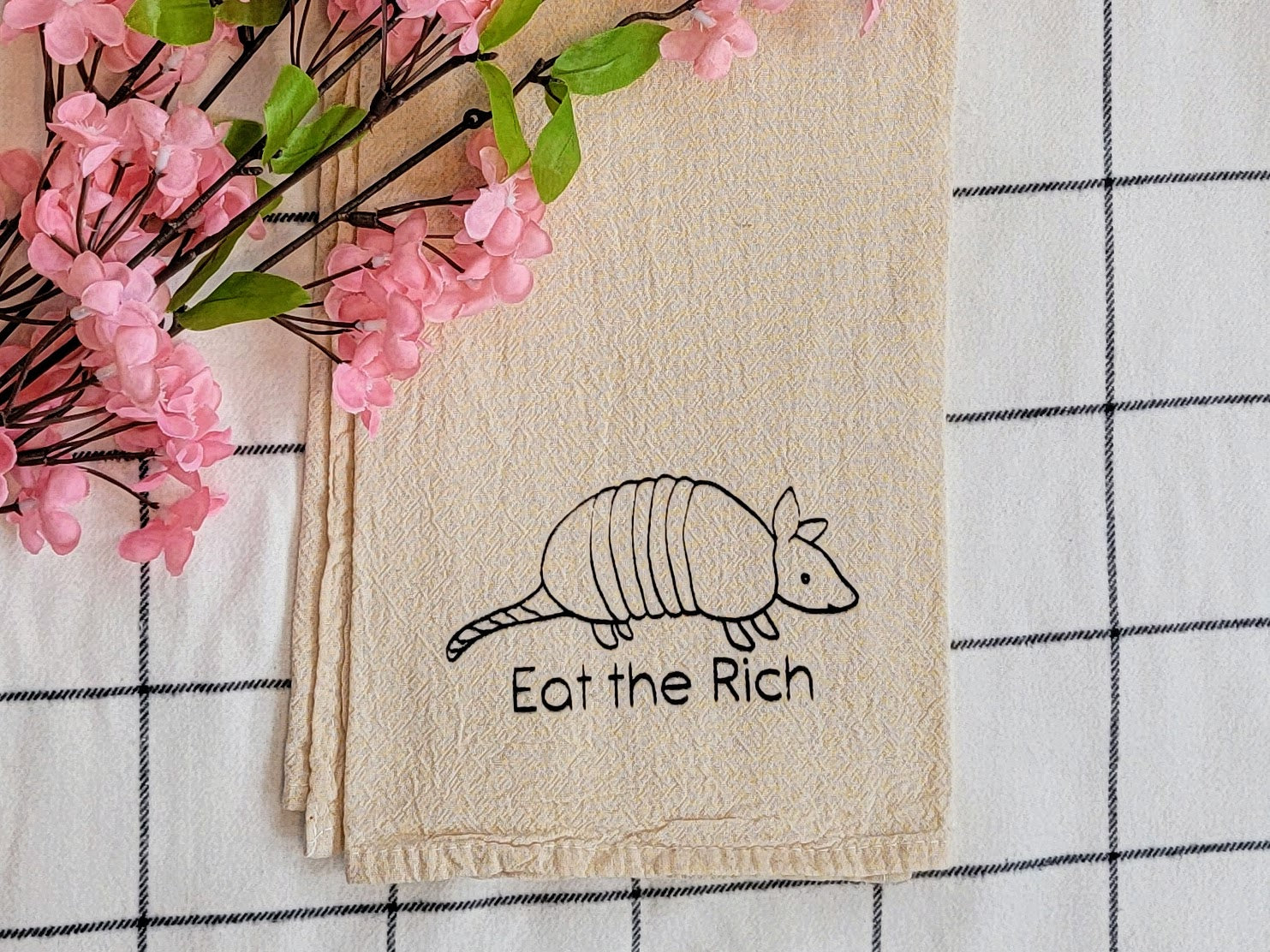 Eat the Rich Armadillo Screen Printed Tea Towel - Landscape Close Up Shot