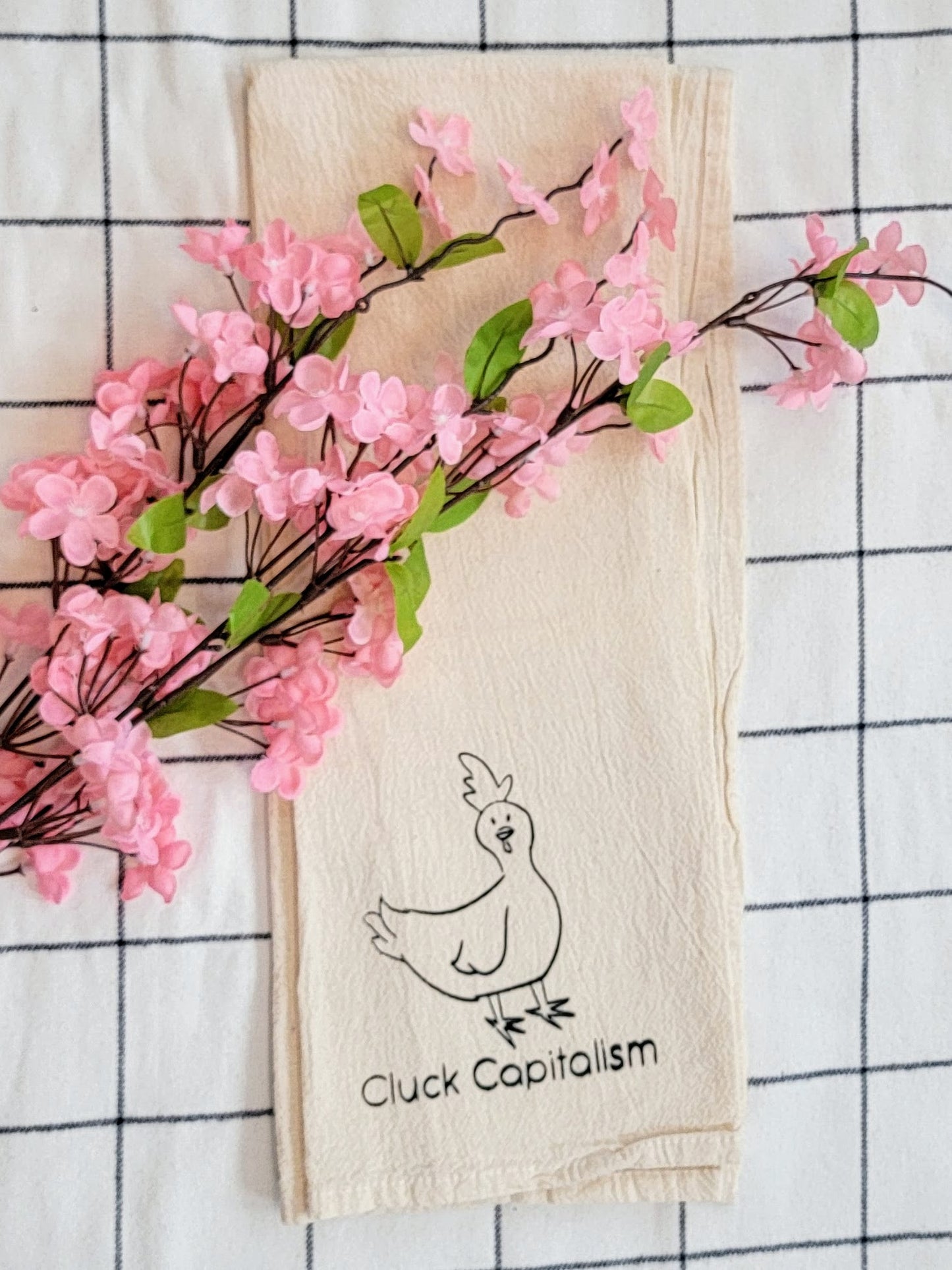 Cluck Capitalism Chicken Screen Printed Tea Towel - Portrait Folded Shot