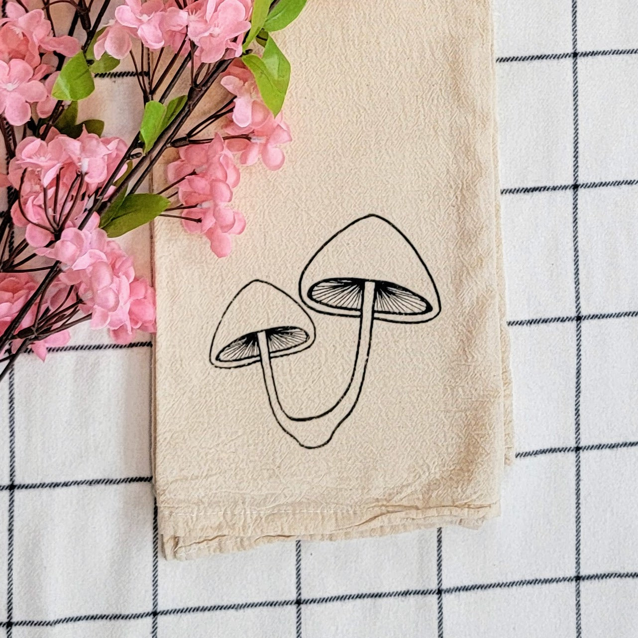 Mushroom Pair Screen Printed Tea Towel - Close Up Shot