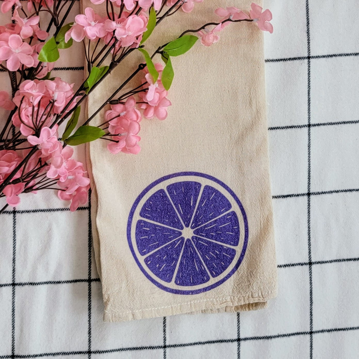 Purple Citrus Slice Screen Printed Tea Towel - Close Up Shot