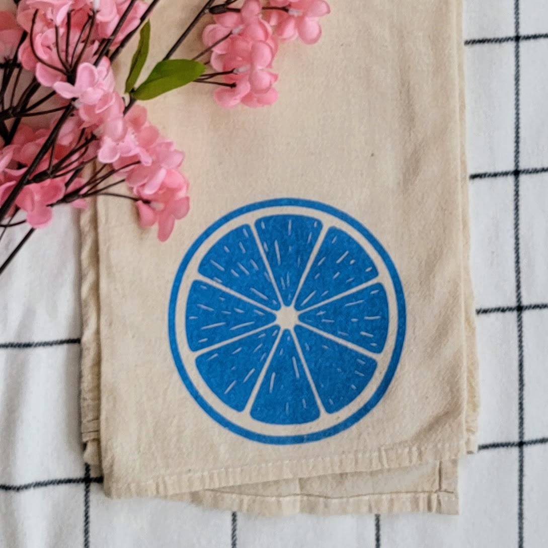 Blue Citrus Slice Screen Printed Tea Towel - Close Up Shot