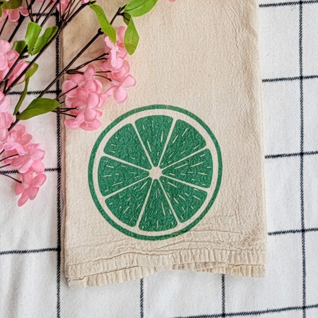 Green Citrus Slice Screen Printed Tea Towel - Close Up Shot