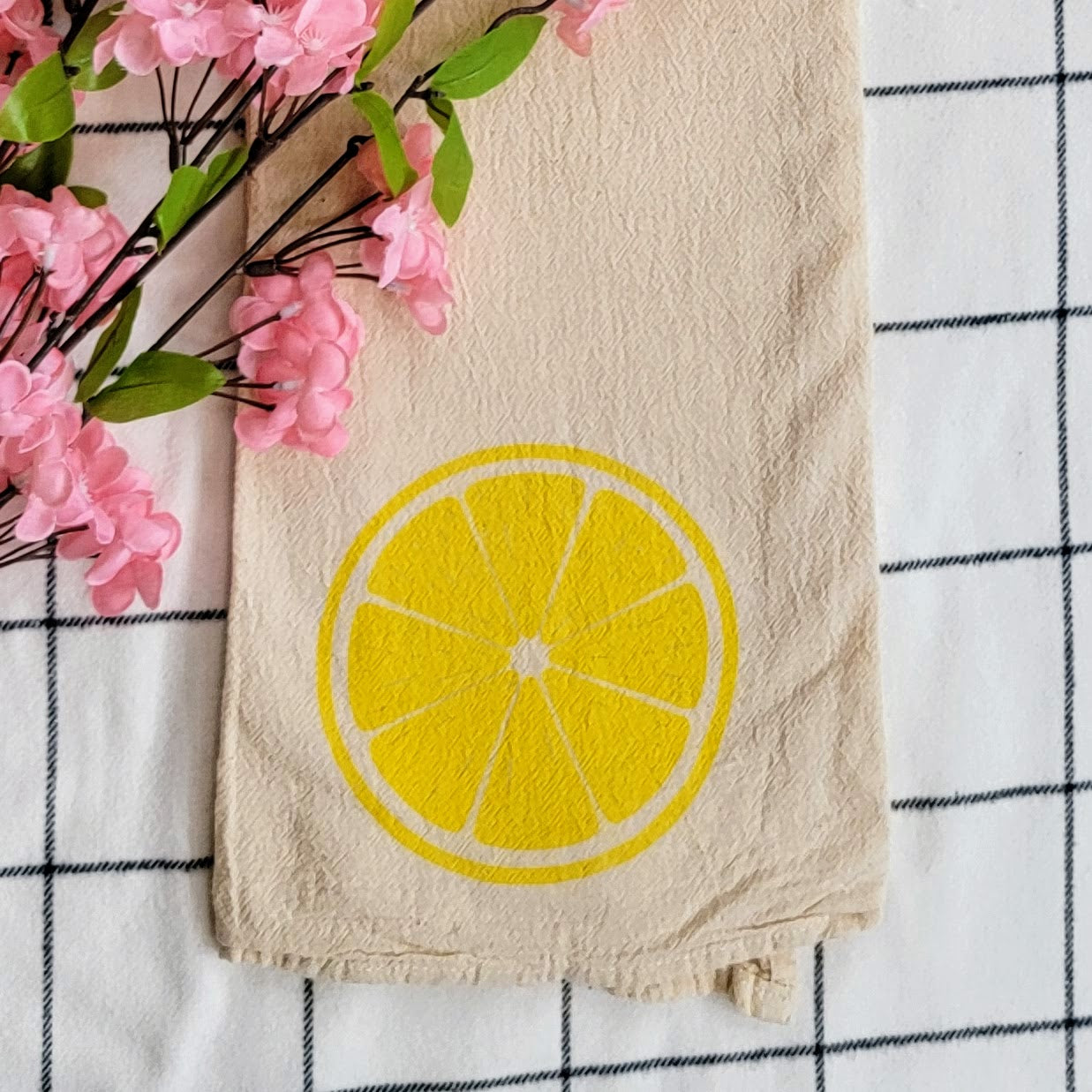 Yellow Citrus Slice Screen Printed Tea Towel - Close Up Shot