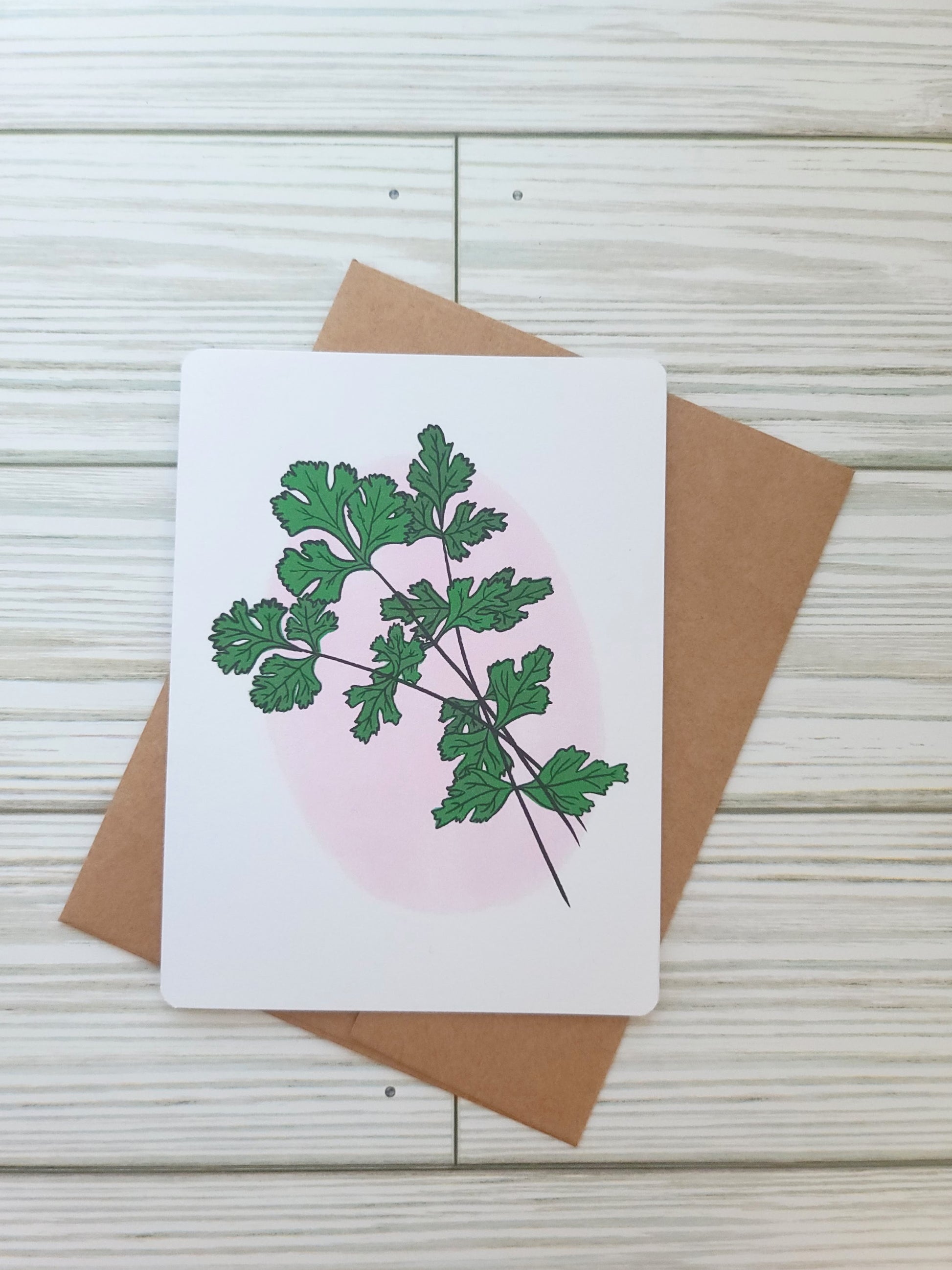 Cilantro Handmade Greeting Card - Recycled Paper and Kraft Envelope - Overhead Shot