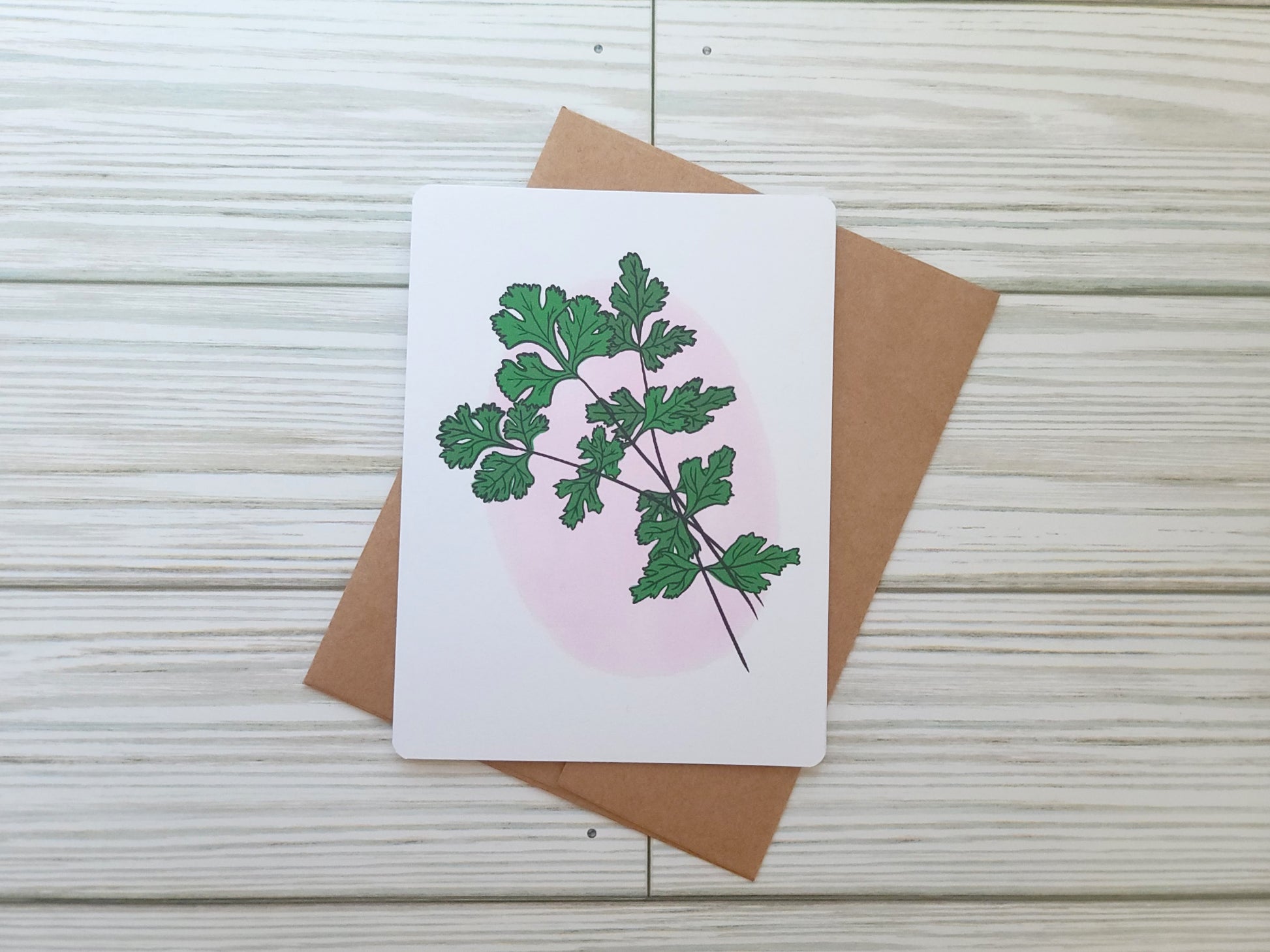 Cilantro Handmade Greeting Card - Recycled Paper and Kraft Envelope - Landscape Overhead Shot