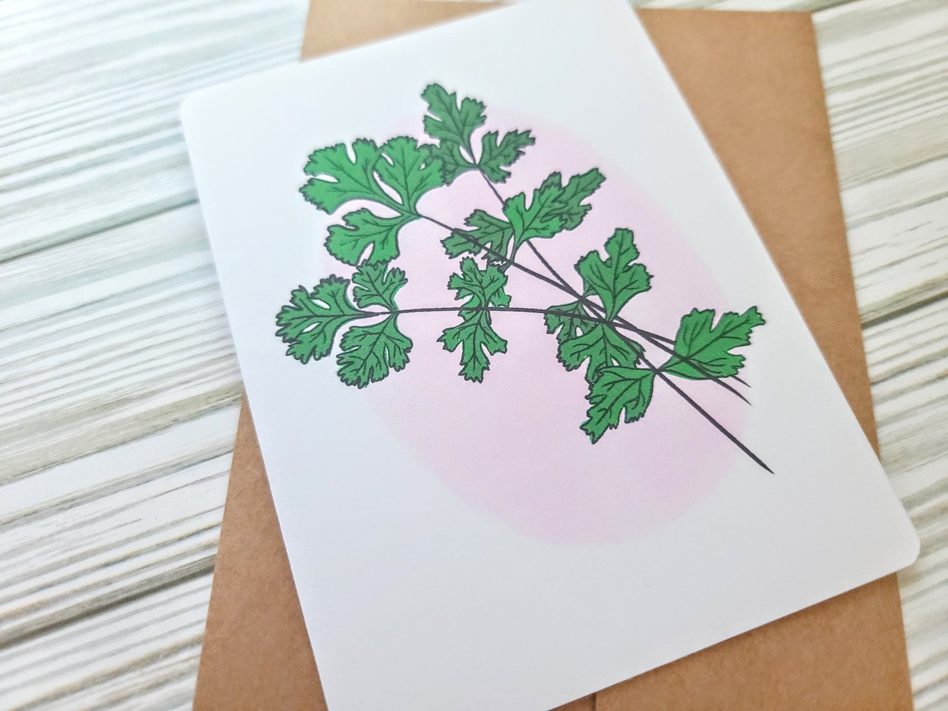 Cilantro Handmade Greeting Card - Recycled Paper and Kraft Envelope - Angled Overhead Shot