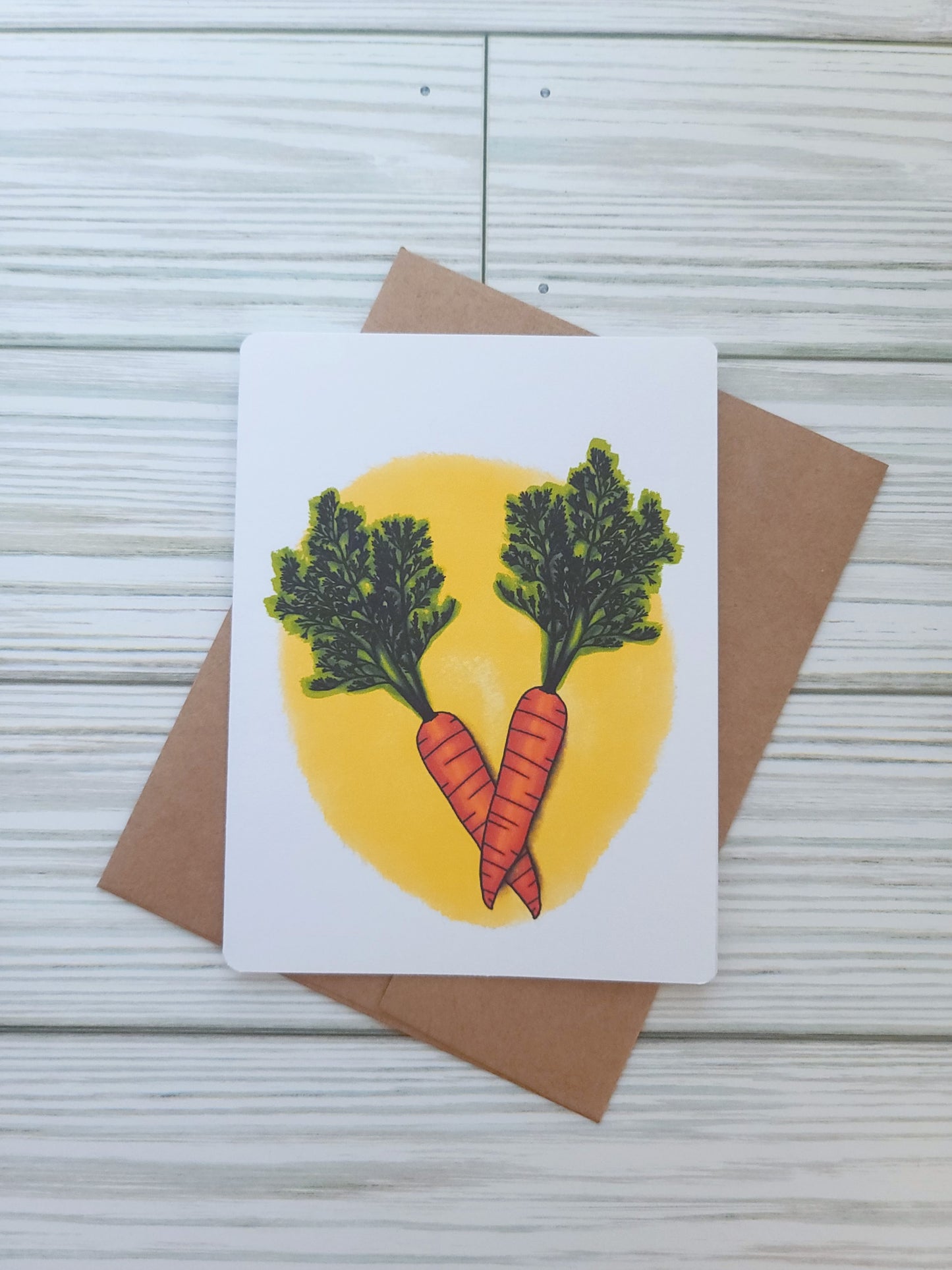 Carrot Handmade Greeting Card - Recycled Paper and Kraft Envelope - Portrait Overhead Shot