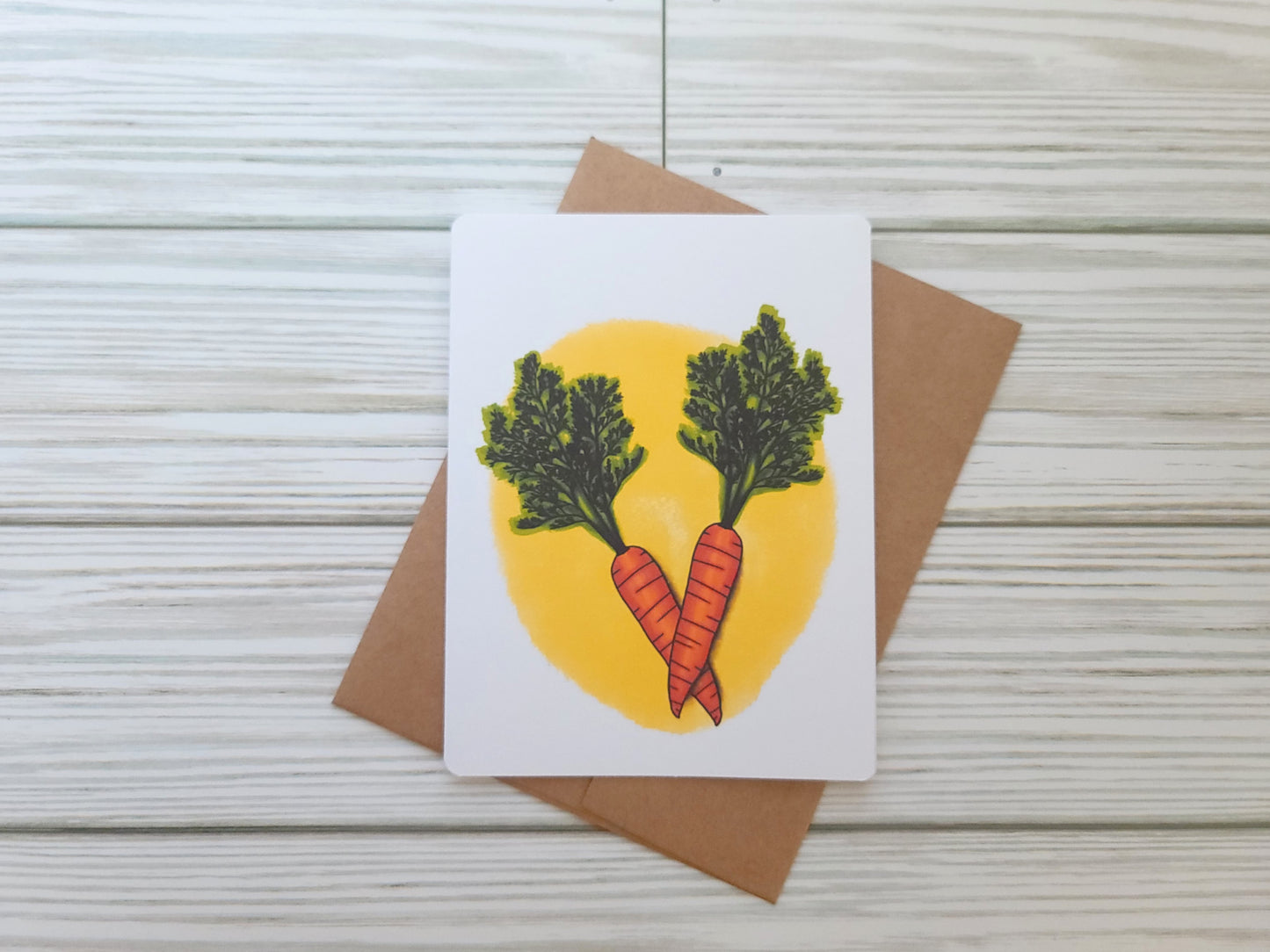 Carrot Handmade Greeting Card - Recycled Paper and Kraft Envelope - Overhead Shot