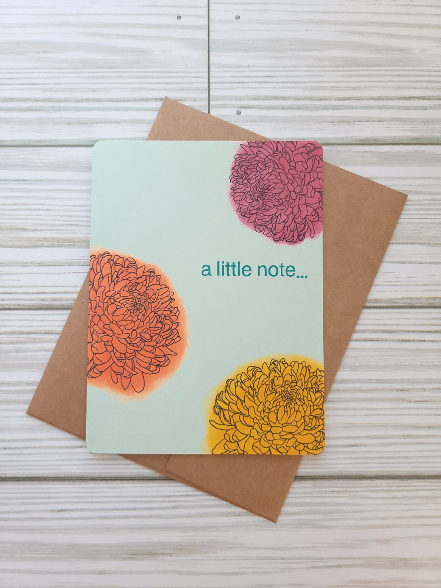 A Little Note with Flowers Handmade Greeting Card - Recycled Paper and Kraft Envelop - Overhead Shot