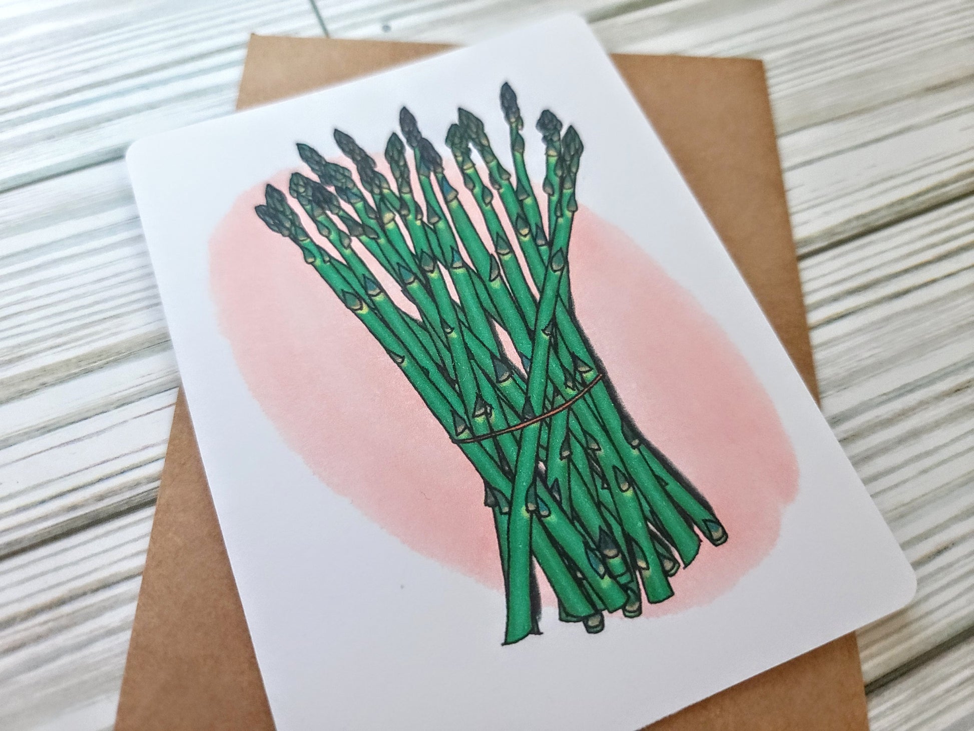 Asparagus Handmade Greeting Card - Recycled Paper and Craft Envelope - Angled Overhead Shot