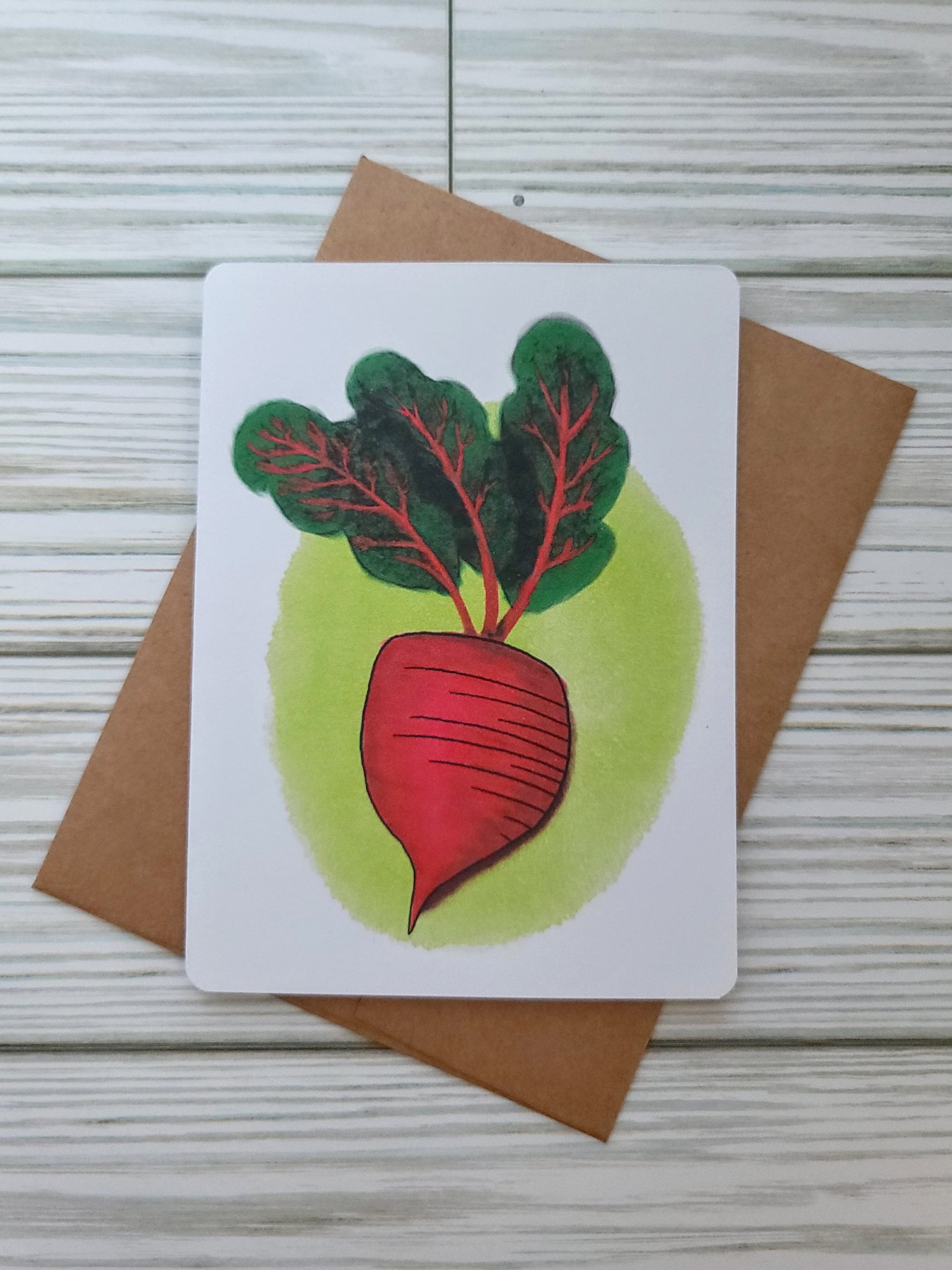 Beet Handmade Greeting Card - Recycled Paper and Kraft Envelope - Overhead Shot