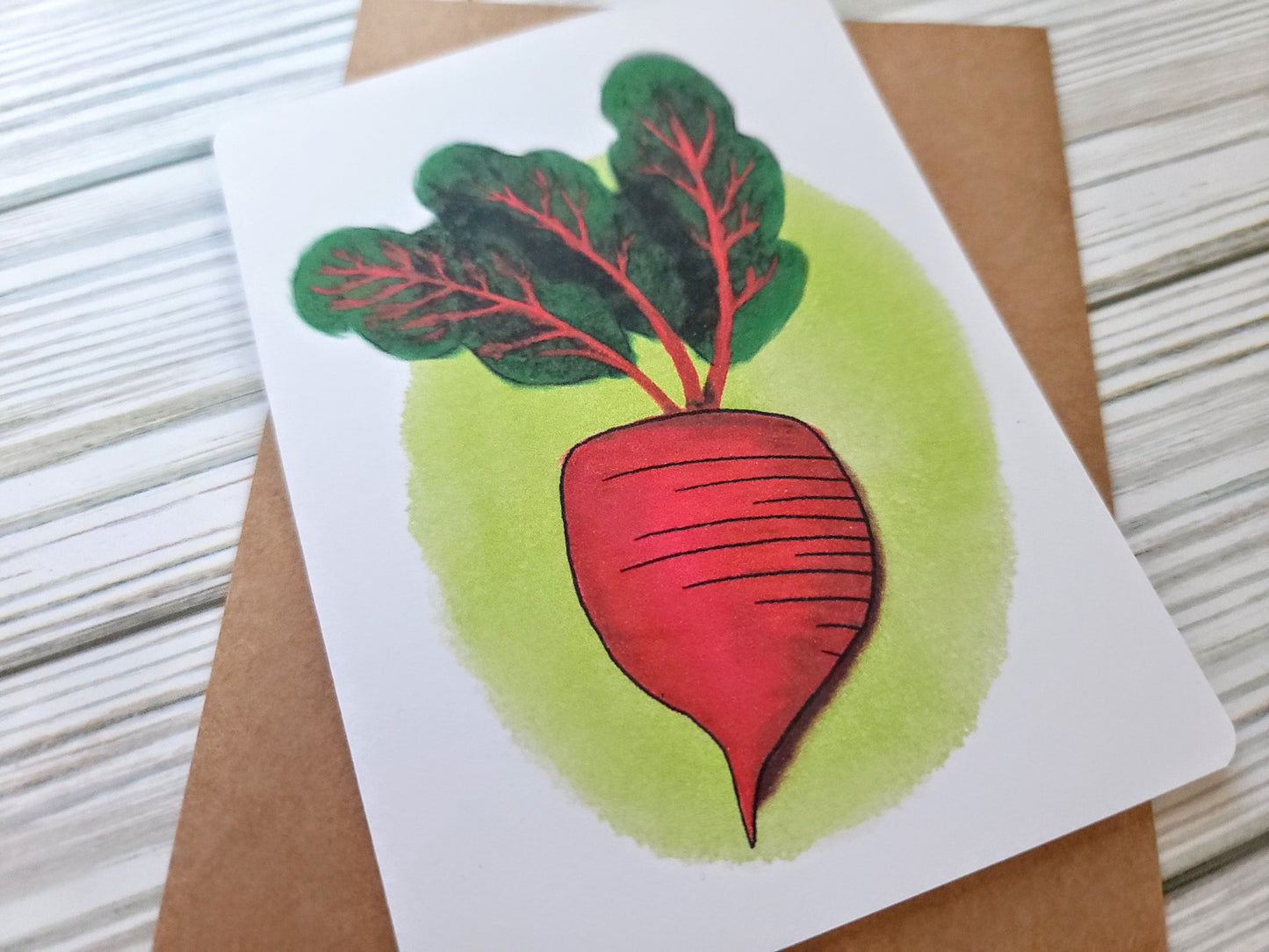 Beet Handmade Greeting Card - Recycled Paper and Kraft Envelope - Angled Overhead Shot