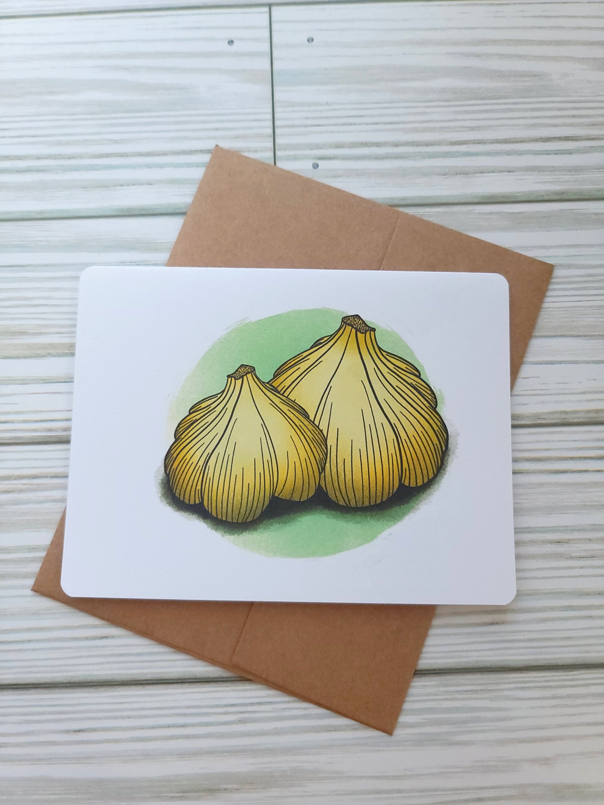 Garlic Handmade Greeting Card - Recycled Paper and Kraft Envelope - Overhead Shot