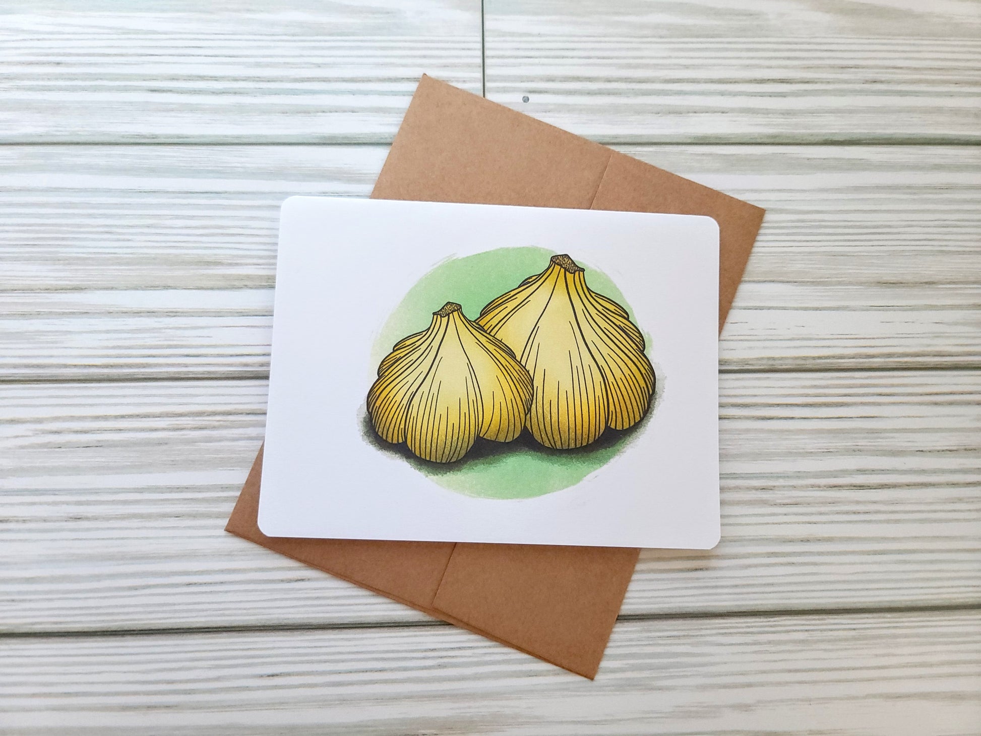 Garlic Handmade Greeting Card - Recycled Paper and Kraft Envelope - Lanscape Overhead Shot