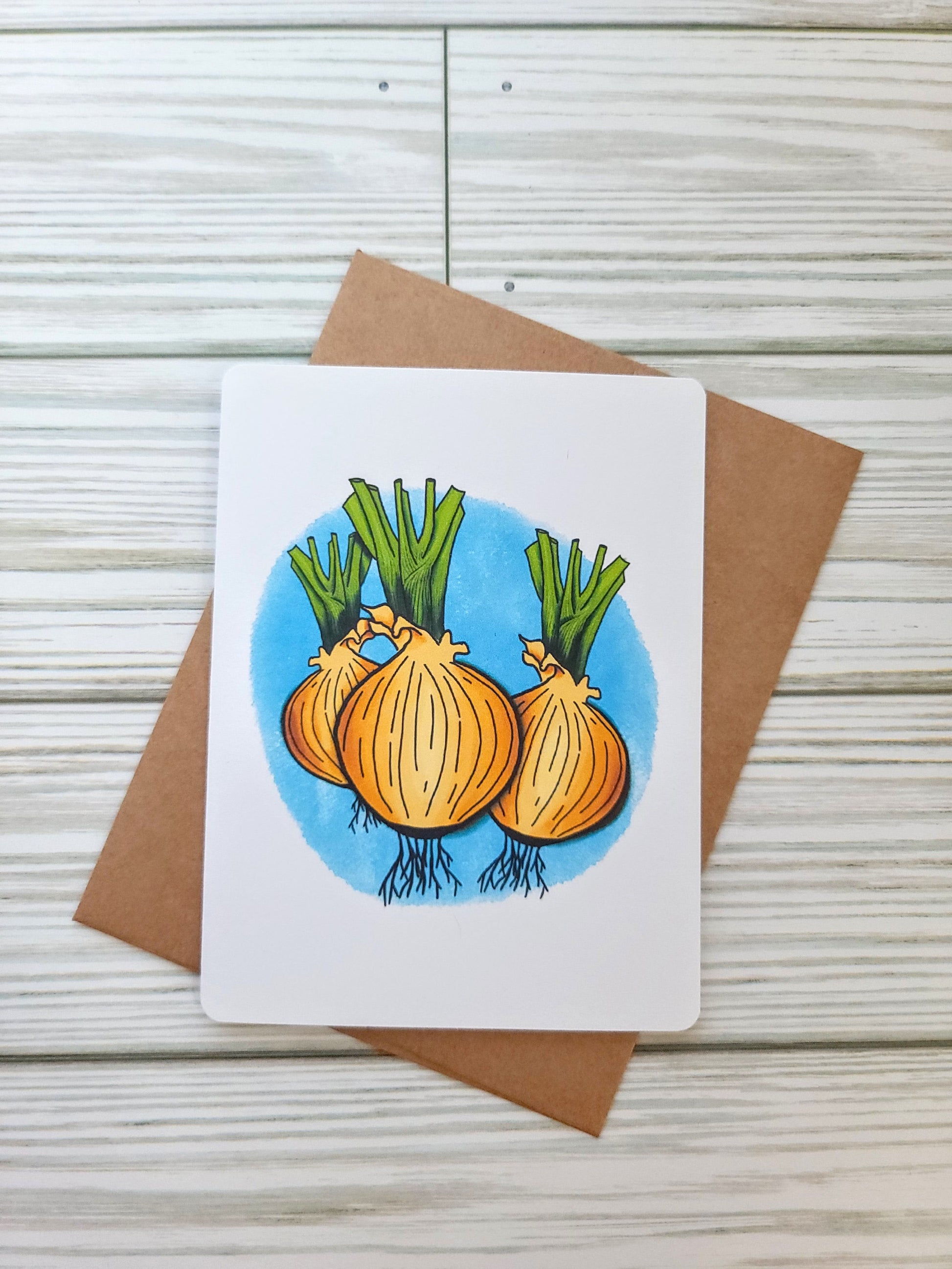 Onion Handmade Greeting Card - Recycled Paper and Kraft Envelope - Overhead Shot