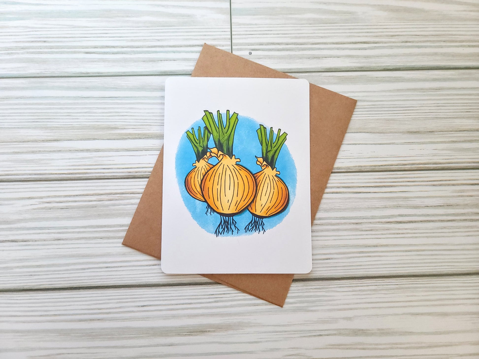 Onion Handmade Greeting Card - Recycled Paper and Kraft Envelope - Landscape Overhead Shot