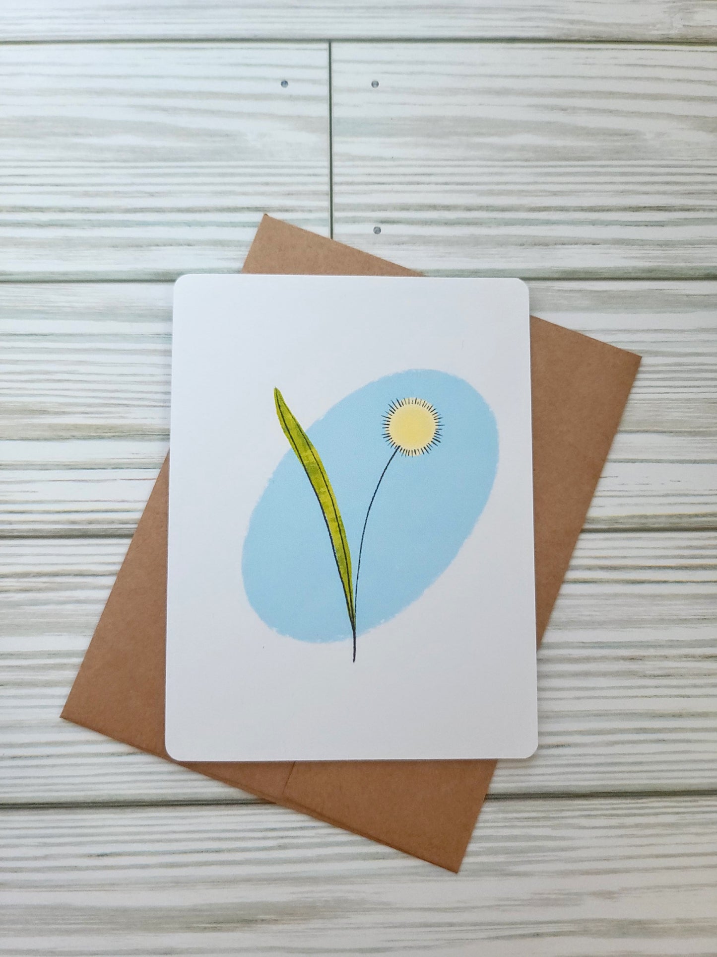 Dandelion Handmade Greeting Card - Recycled Paper and Kraft Envelope - Overhead Shot