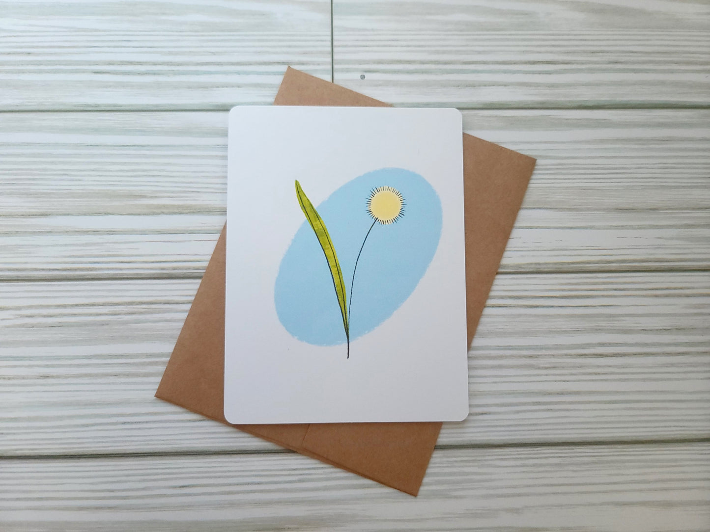 Dandelion Handmade Greeting Card - Recycled Paper and Kraft Envelope - Landscape Overhead Shot