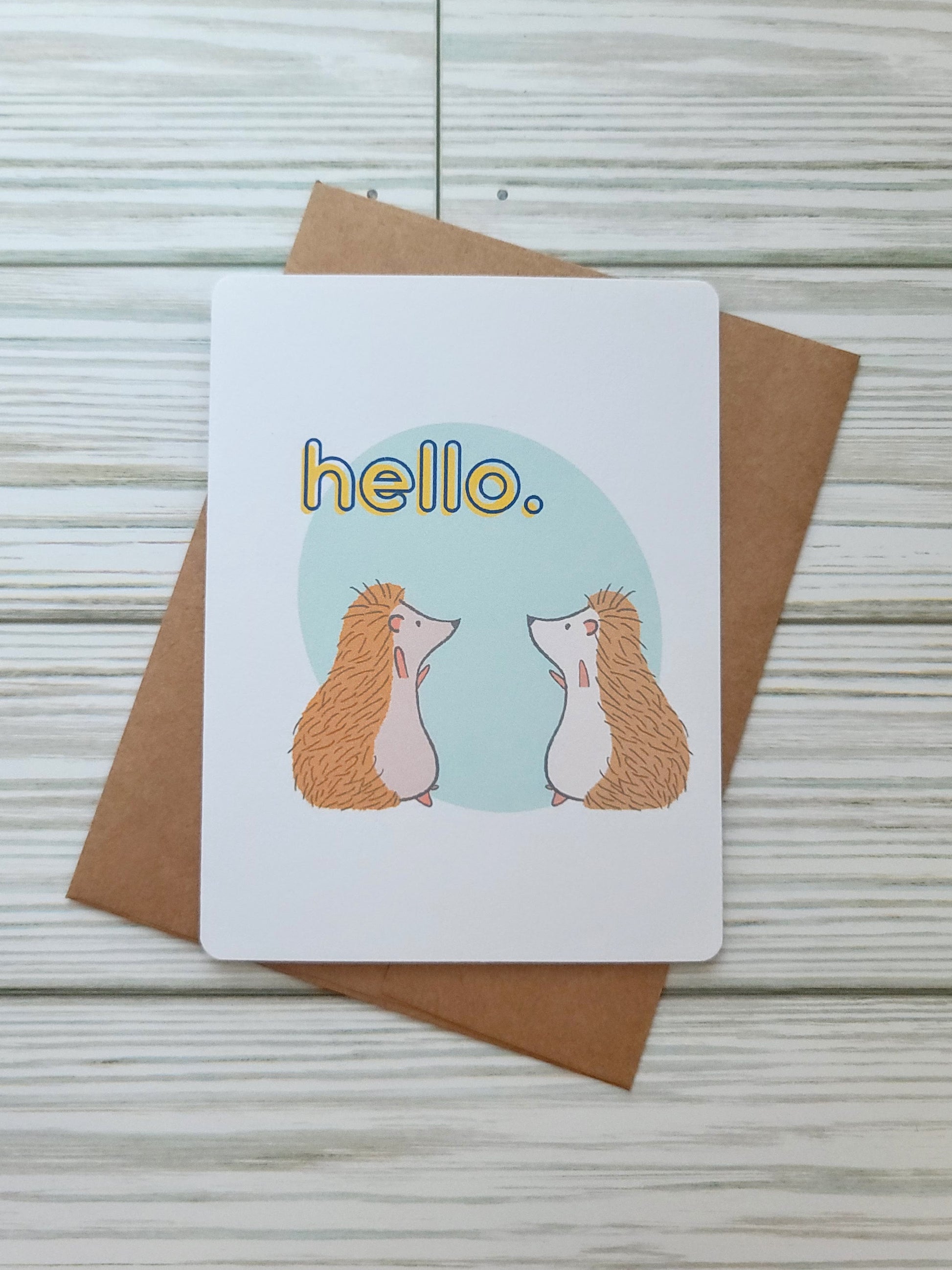 Hedgehog Hello Handmade Greeting Card - Recycled Paper and Kraft Envelope - Overhead Shot