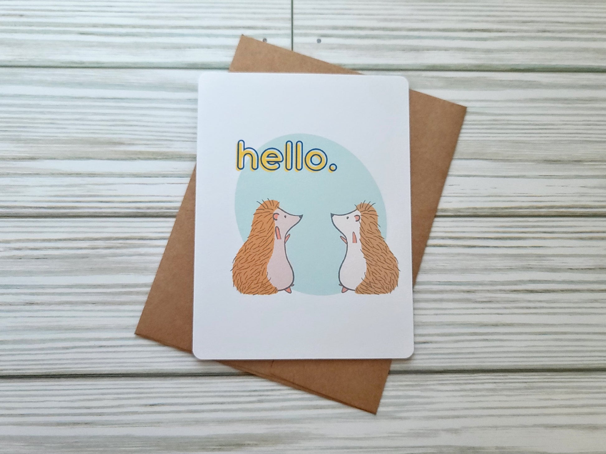 Hedgehog Hello Handmade Greeting Card - Recycled Paper and Kraft Envelope - Landscape Overhead Shot