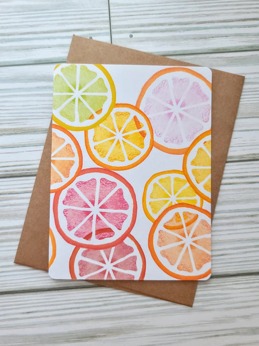Citrus Slices Handmade Greeting Card - Recycled Paper and Kraft Envelope - Overhead Shot