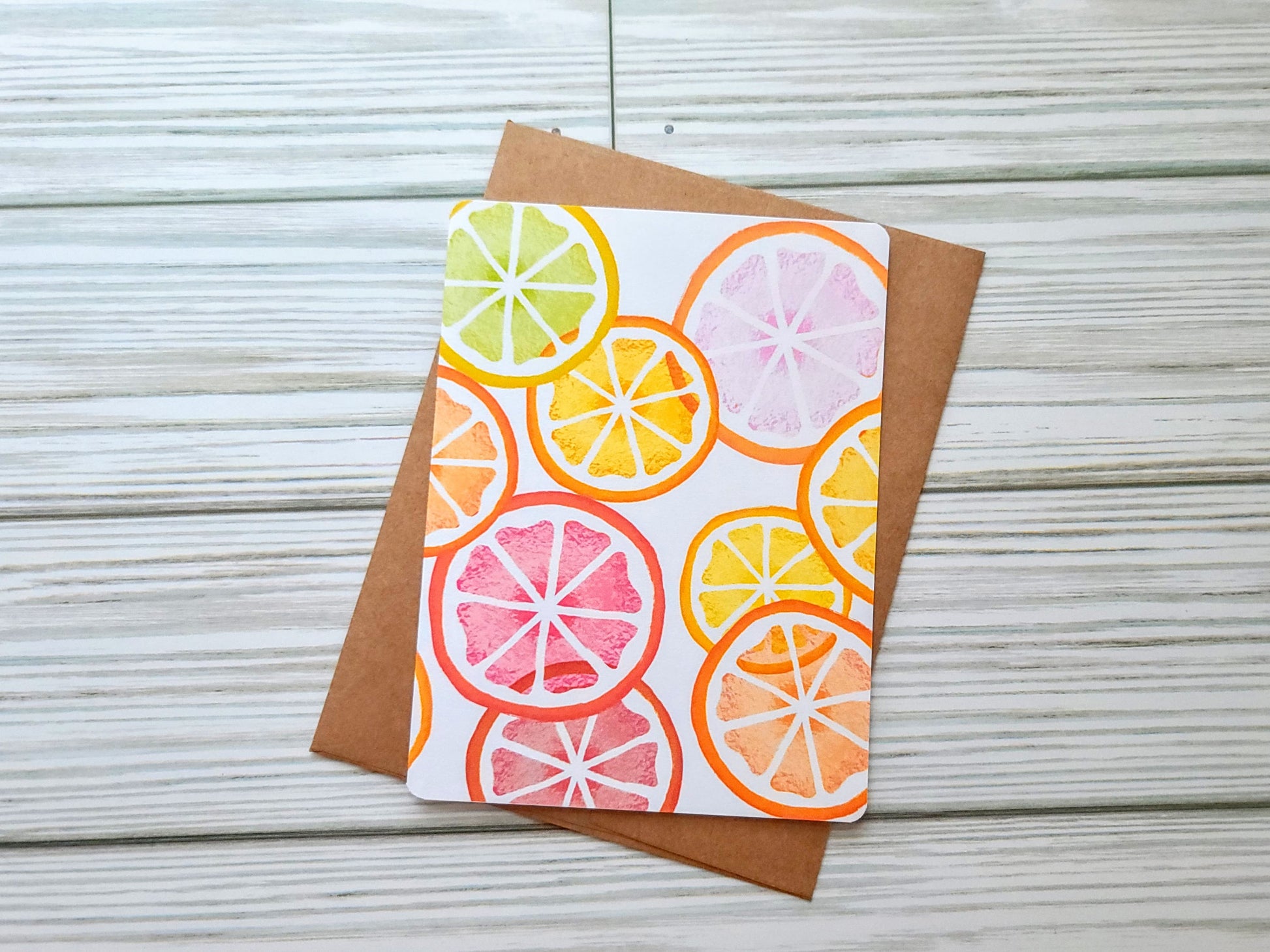 Citrus Slices Handmade Greeting Card - Recycled Paper and Kraft Envelope - Landscape Overhead Shot