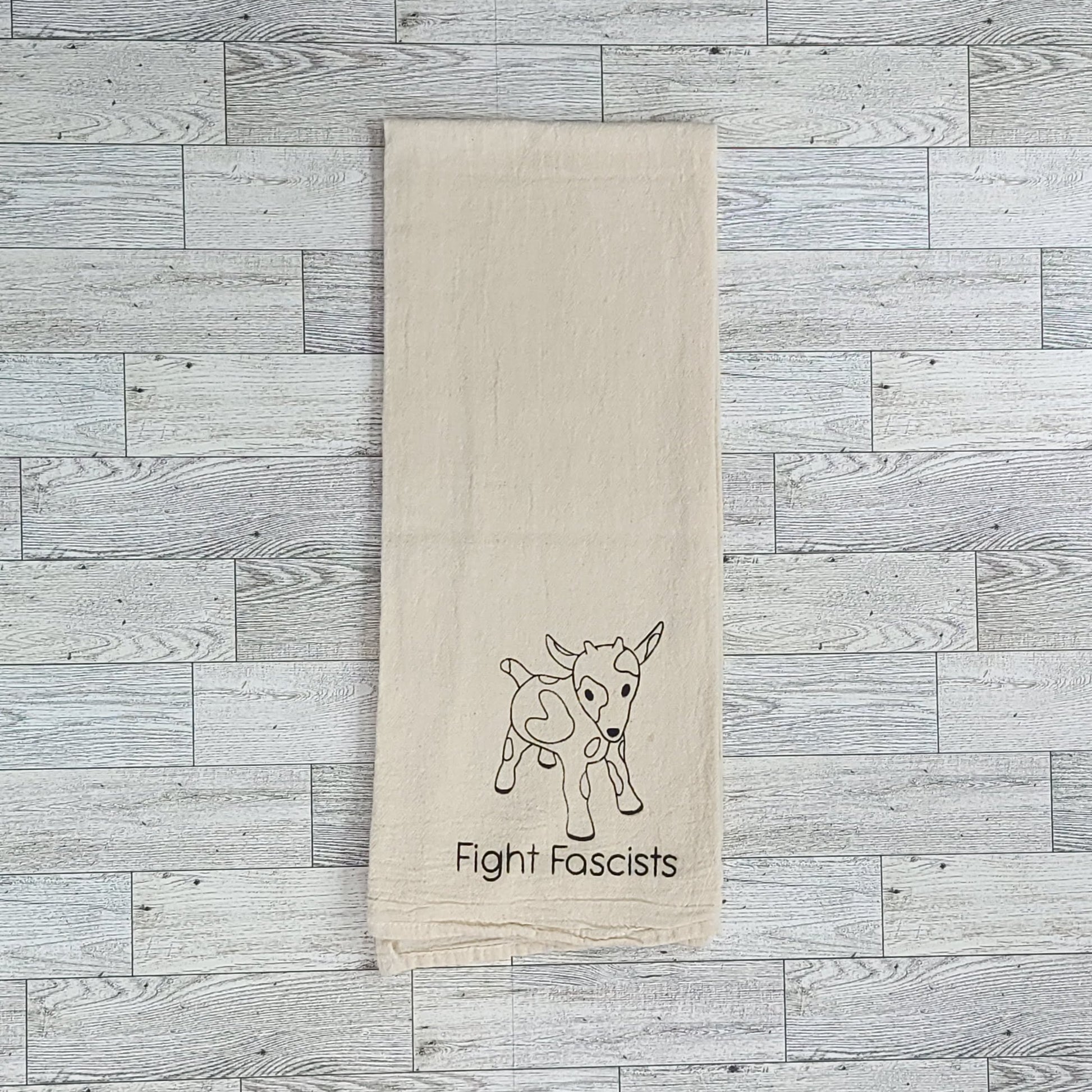 Fight Fascists Goat Screen Printed Tea Towel - Folded Shot