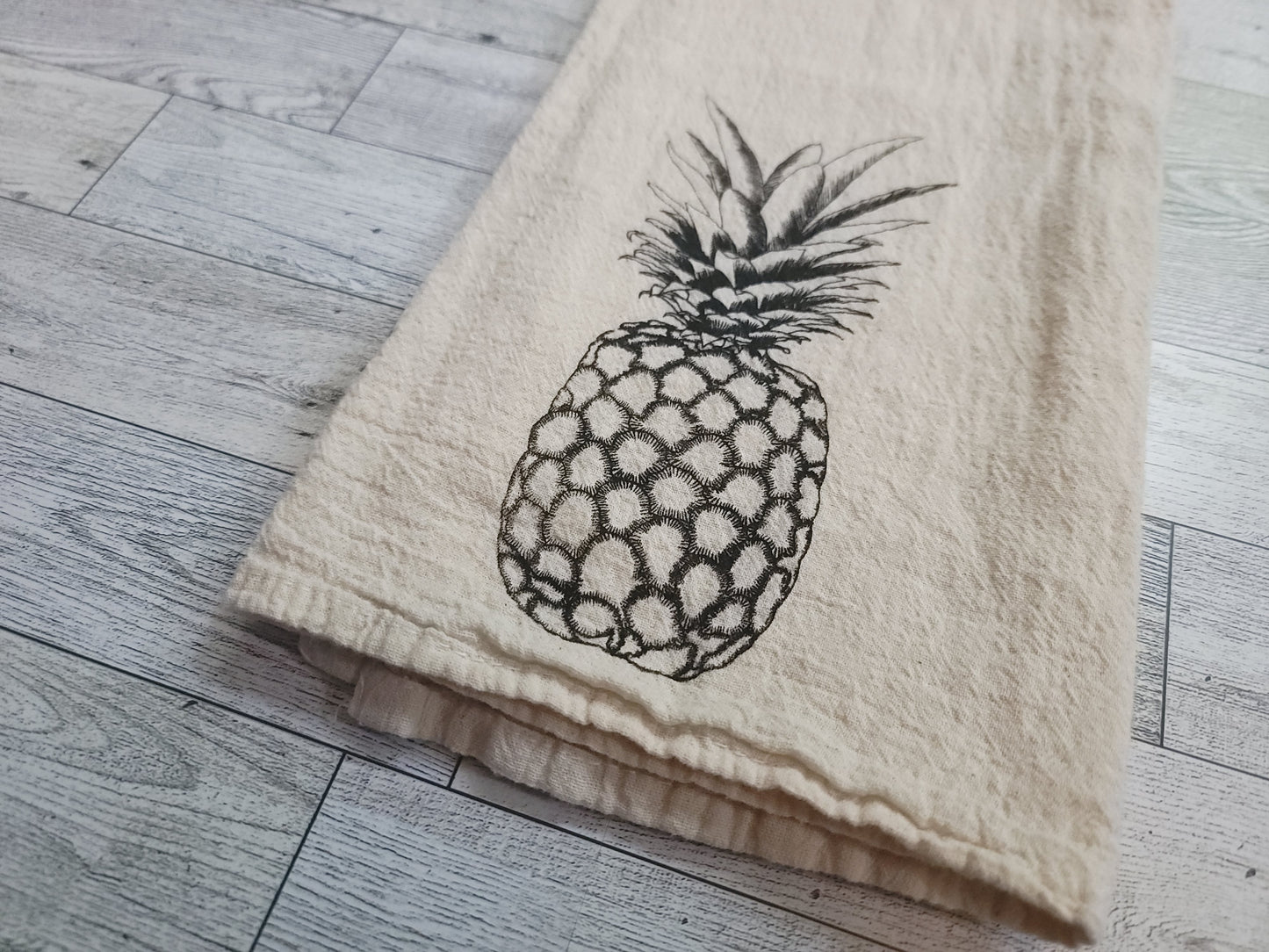 Pineapple Screen Printed Tea Towel - Angled Close Up Shot