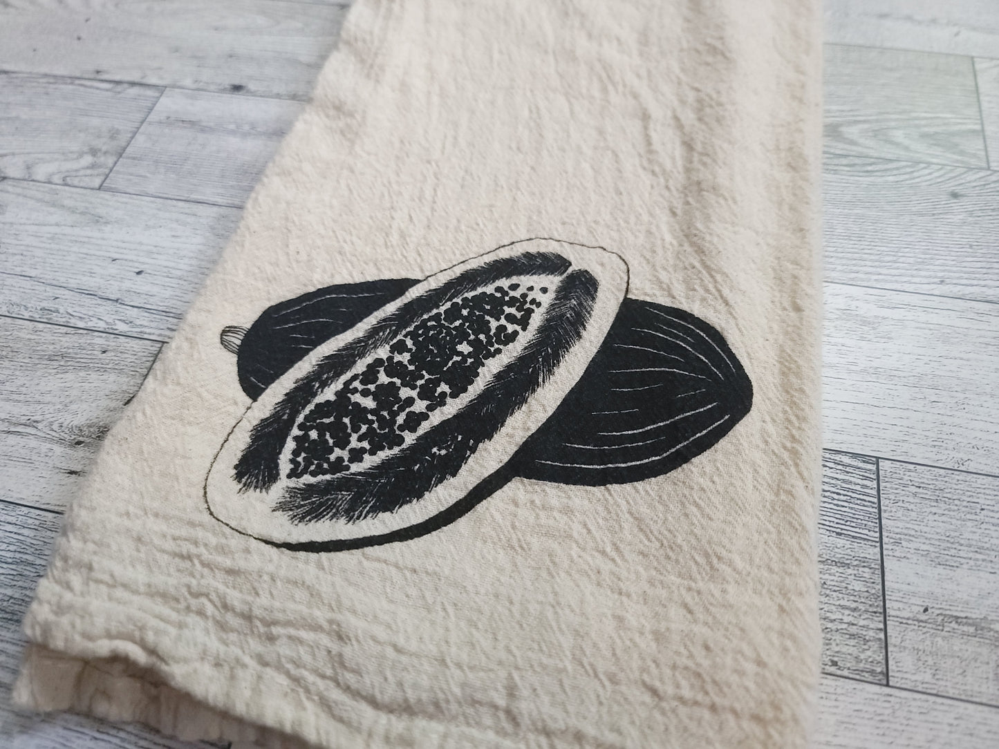 Papaya Screen Printed Tea Towel - Close Up Shot Angled