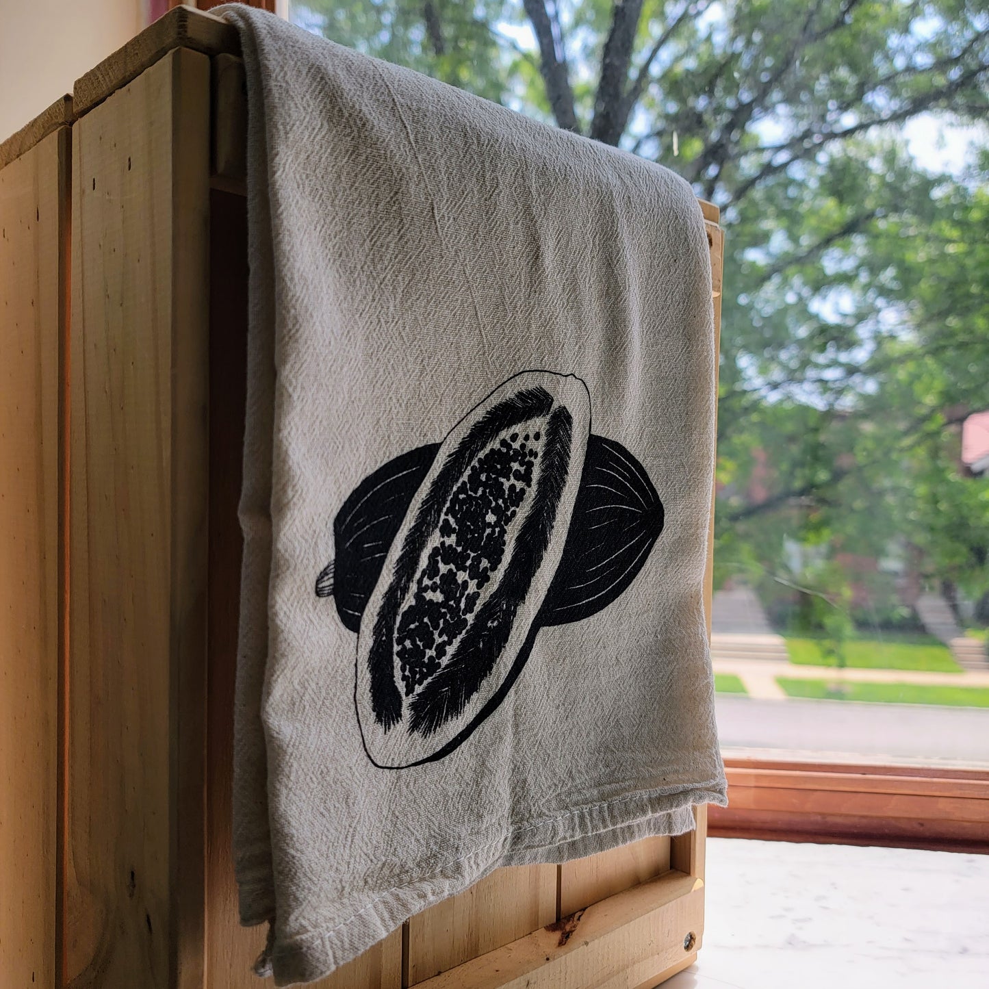 Papaya Screen Printed Tea Towel - Hanging Shot