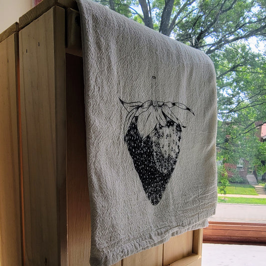 Strawberry Screen Printed Tea Towel - Hanging Shot