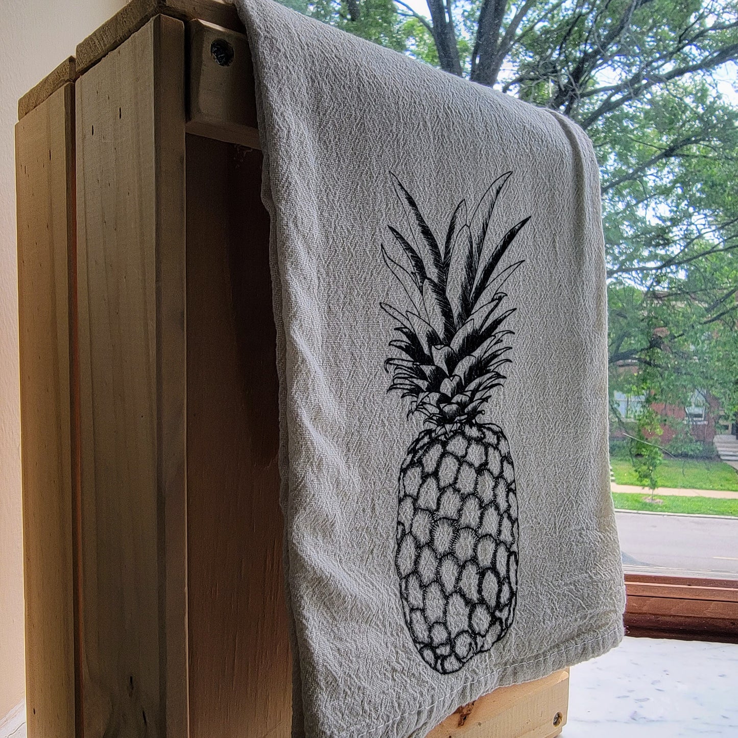 Pineapple Screen Printed Tea Towel - Hanging Shot