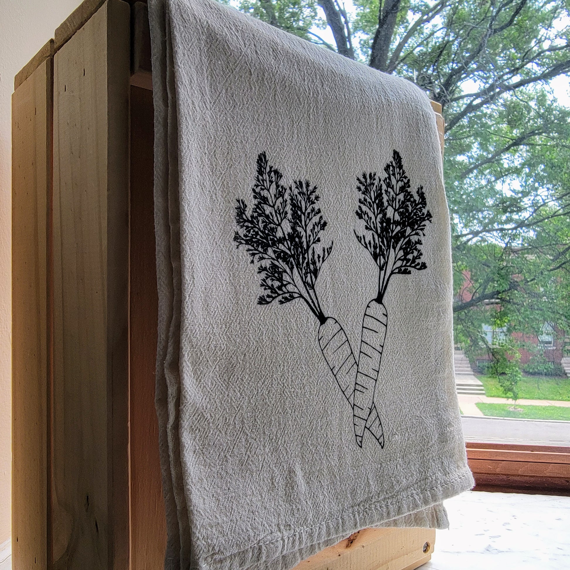 Carrot Screen Printed Tea Towel - Hanging Shot