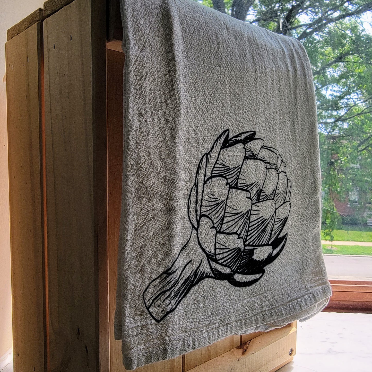 Artichoke Screen Printed Tea Towel - Hanging Shot