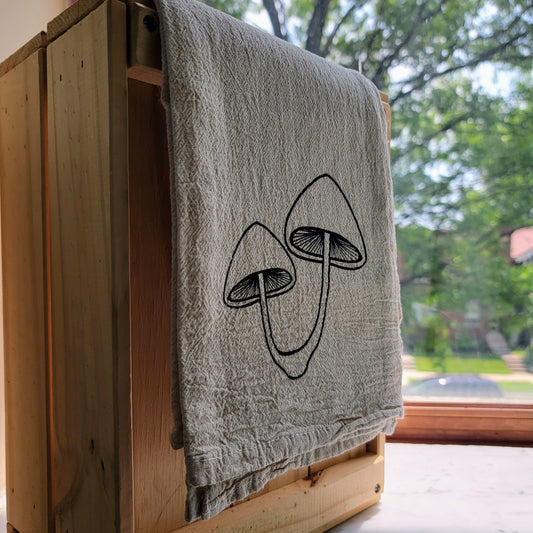 Mushroom Pair Screen Printed Tea Towel - Hanging Shot