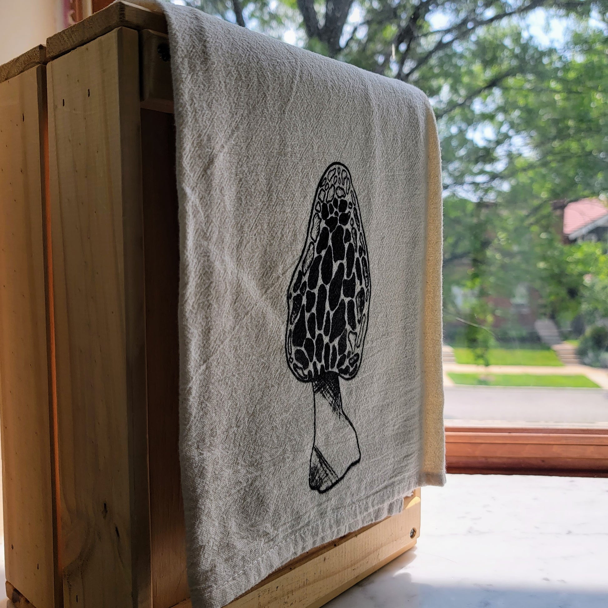 Morel Screen Printed Tea Towel - Hanging Shot