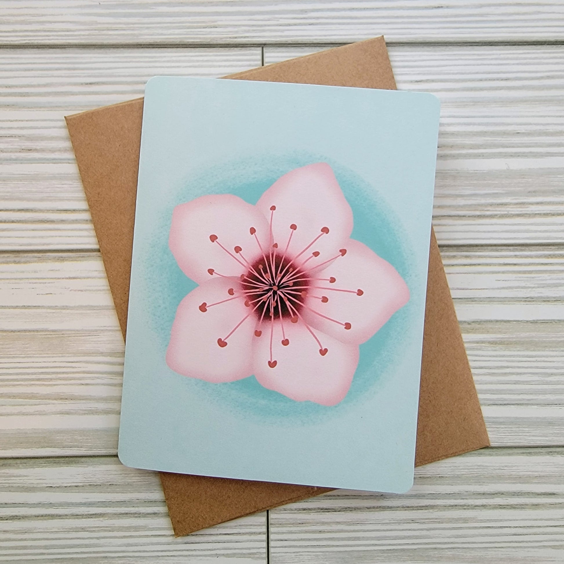 Cherry Blossom Handmade Greeting Card - Recycled Paper and Kraft Envelope - Overhead Shot