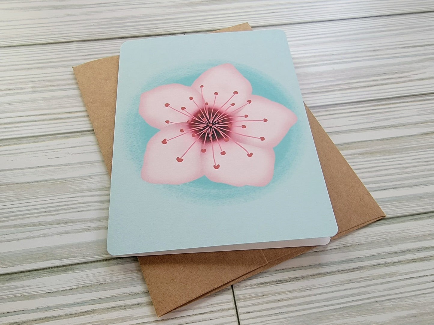 Cherry Blossom Handmade Greeting Card - Recycled Paper and Kraft Envelope - Angled Shot