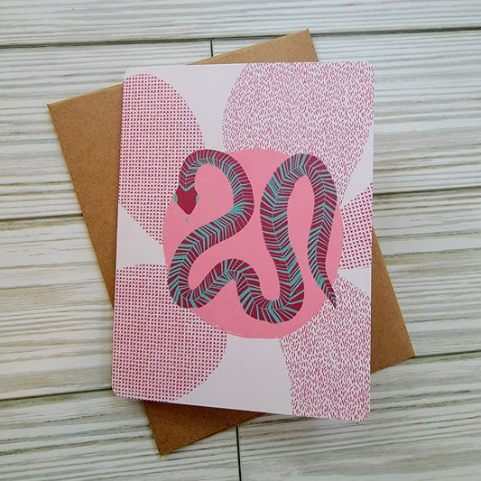 Pink Snake Handmade Greeting Card - Recycled Paper and Kraft Envelop - Overhead Shot