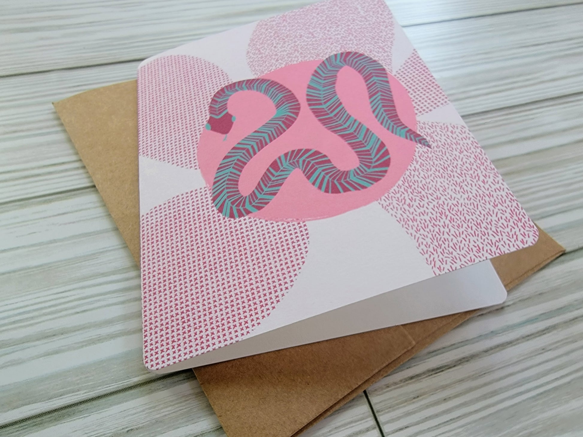 Pink Snake Handmade Greeting Card - Recycled Paper and Kraft Envelop - Angled Shot