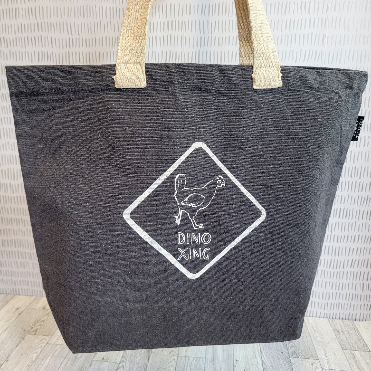 Chicken Dino Crossing Dark Grey Recycled Canvas Tote Bag - Front Shot Square